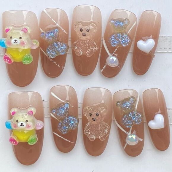 New Handmade Teddy Bear 3D Nail Art Set w/Brown & White Accents Small - Picture 2 of 3